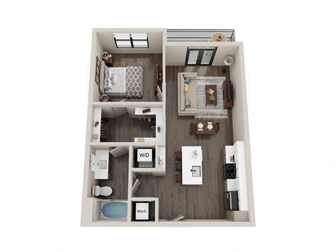 Floor plan for 1 bed, 1 bath, 705 sqft